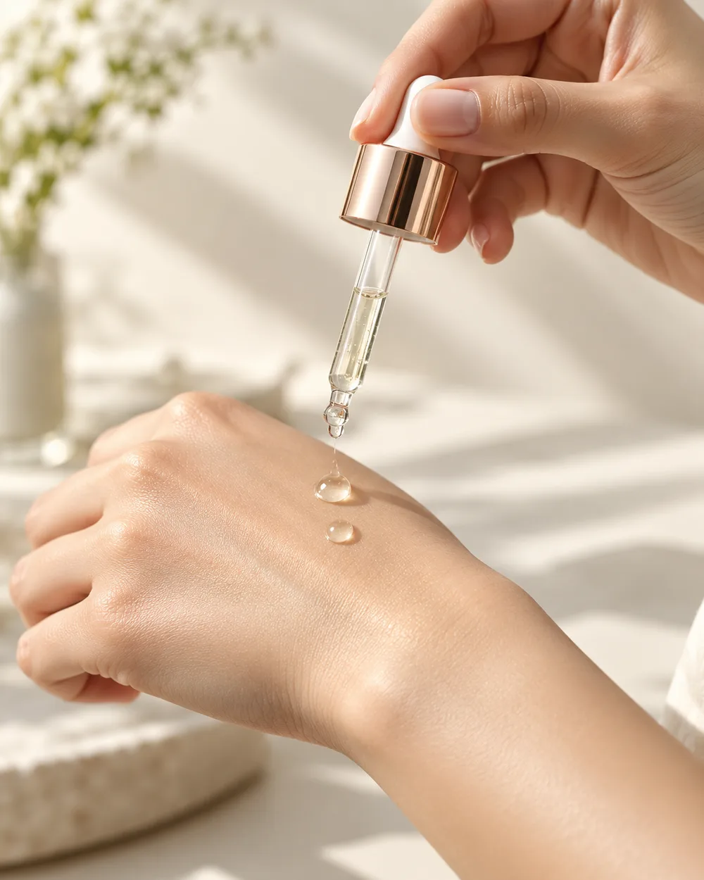 Tangan meneteskan serum ke punggung tangan